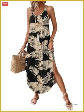 Boho Halter Maxi Dress for Women Summer Beach Vacation Sundress